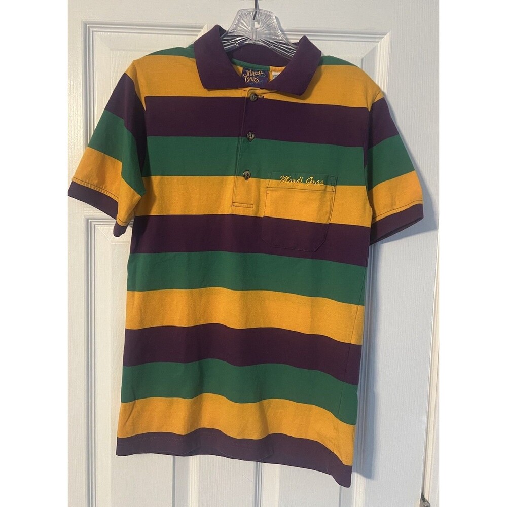 Mardi Gras Polo Shirt Mens Small Purple Green Gold Horizontal Striped